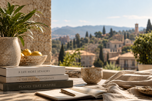 Sunlit Mediterranean terrace with a leafy potted plant, fresh lemons, fragrance books, and an open journal overlooking a Tuscan hillside village, evoking the art of choosing, wearing, and understanding perfume.