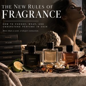 Beautiful woman and Zannis perfumes with overlay text that reads: The New Rules of Fragrance: How to Choose, Wear, and Understand Perfume in 2026