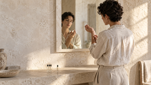 Person testing fragrance on their wrist while choosing a signature scent in soft Mediterranean light.