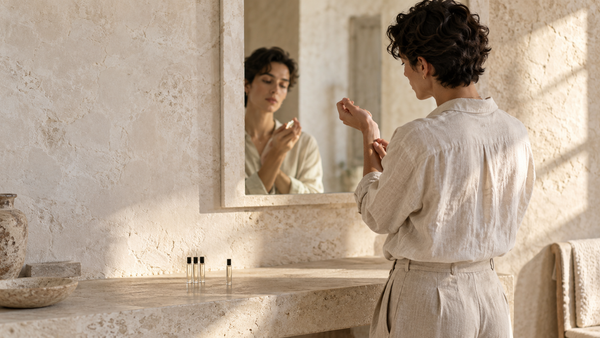 Person testing fragrance on their wrist while choosing a signature scent in soft Mediterranean light.