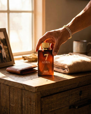 Hand placing a bottle of AURA7 unisex fragrance by ZANNIS on a dresser
