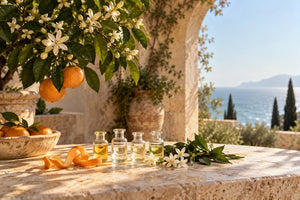 White bitter orange blossoms and fruit beside perfumery extract vials on a sunlit Mediterranean terrace overlooking the sea