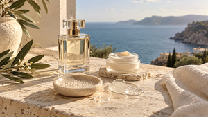 Luxury perfume, fragrance balm and translucent gel on sunlit Mediterranean limestone overlooking the sea