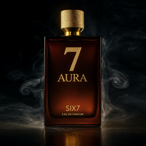 Photo of Six Seven cologne bottle on a table with smoke lofting behind it.