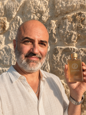 A man with a bald head and gray beard, wearing a white linen shirt, holds up a bottle of Zannis AEON cologne against a textured stone wall background.