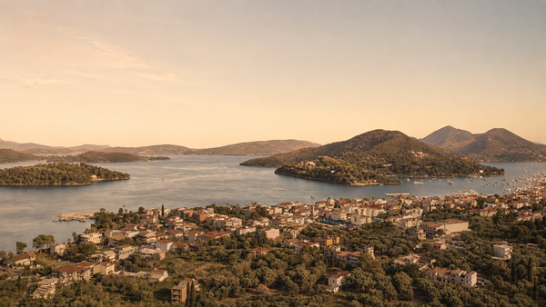 A scenic coastal landscape with a town in the foreground, surrounded by dense green trees and buildings, overlooking a large bay or sea with small islands and mountains in the distance under a warm pale sky.