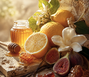 Gourmand fragrance ingredients including orang, lemon, honey, fig, vanilla, and salted caramel.