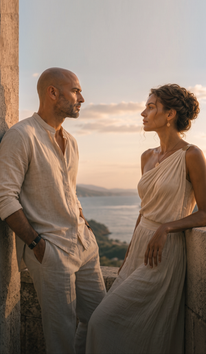 A man and a woman in matching light beige linen outfits pose together outdoors against a stone wall at sunset, with a sea and distant land visible in the background.