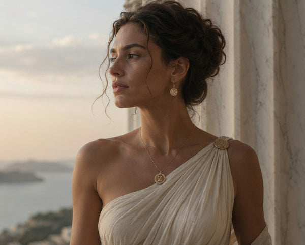 A beautiful modern Greek goddess with a golden ZANNIS fragrance necklace and earrings with the Mediterranean sea in the background.