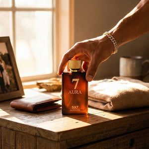 Hand holding a bottle of Six7 Aura perfume on a wooden surface with a window in the background.